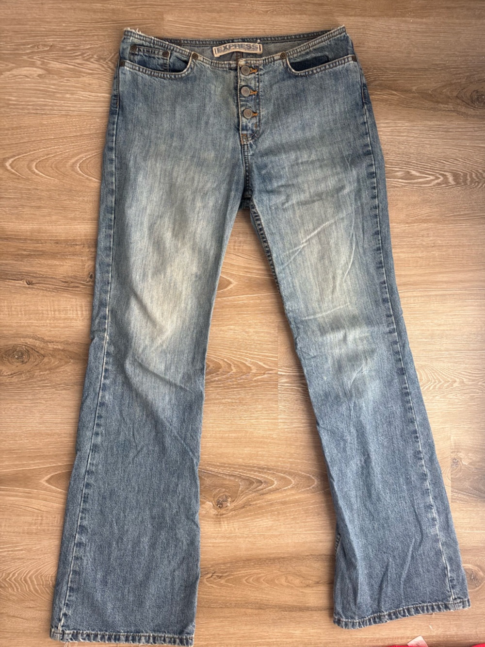 Vintage Y2K Express Distressed Wash Blue Bootcut Flare Button Fly Low Rise Jeans